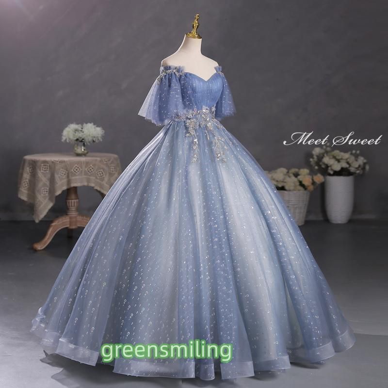 ドレス 編み上げ ブルー ベルスリーブ ロングドレス 結婚式 二次会 発表会 演奏会 ウェディングドレス ウエディングドレス 花嫁