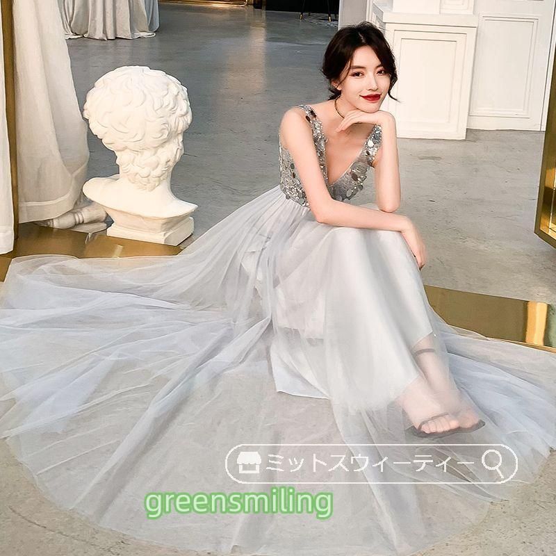 【海外定番】 ドレス パーティードレス 演奏会 発表会 花嫁 イブニングドレス 二次会 ロングドレス 披露宴 Vネック グレー スパンコール 安い！かわいい！