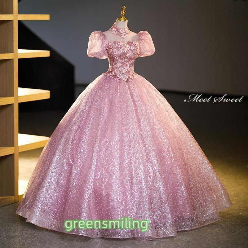 ドレス 編み上げ ピンク パフスリーブ ロングドレス 結婚式 二次会 発表会 演奏会 ウェディングドレス ウエディングドレス 前撮り