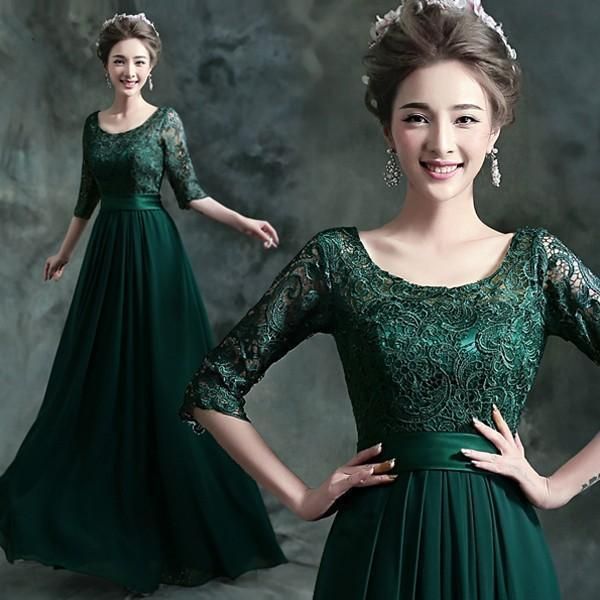 ドレス グリーン 安い ロングドレス 長袖 aラインドレス 演奏会 結婚式 イブニングドレス 二次会 花嫁ドレス フォーマルドレス