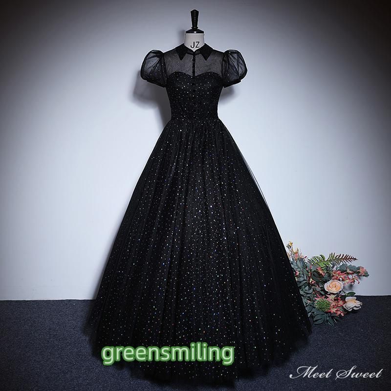 ドレス 編み上げ ブラック 黒 袖付き ロングドレス 結婚式 二次会 発表会 演奏会 ウェディングドレス ウエディングドレス 花嫁