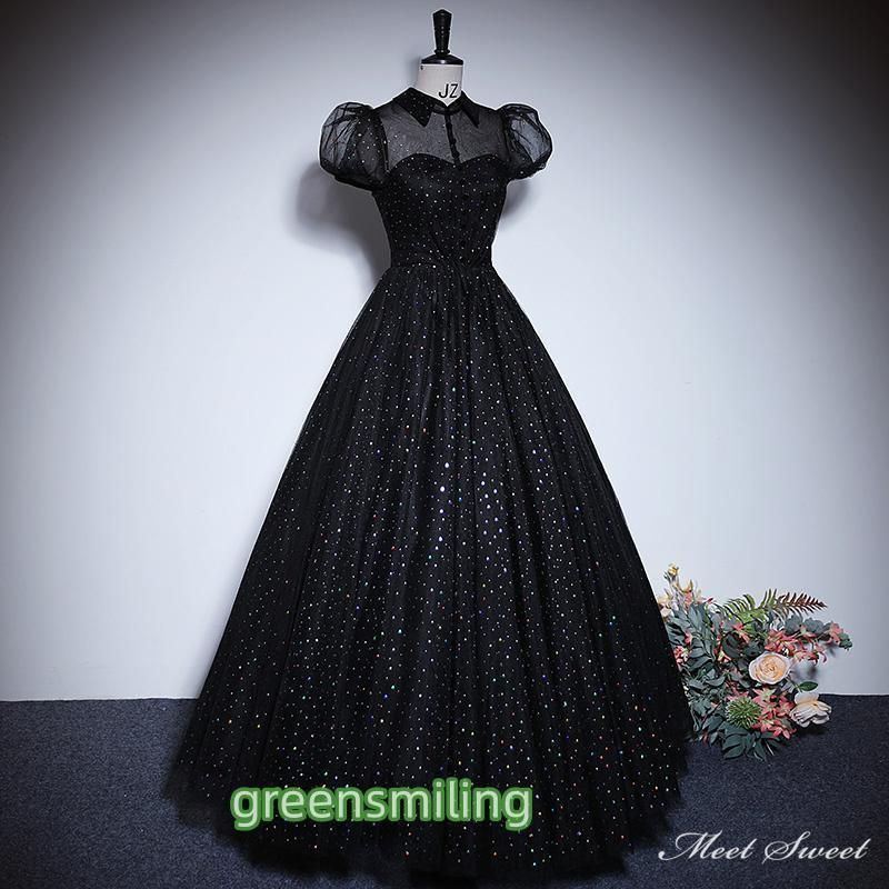 ドレス 編み上げ ブラック 黒 袖付き ロングドレス 結婚式 二次会 発表会 演奏会 ウェディングドレス ウエディングドレス 花嫁