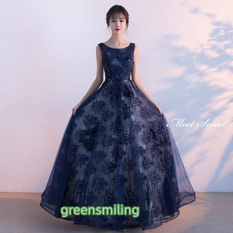 ドレス ロングドレス ネイビー 花柄 ノースリーブ パーティードレス ウェディングドレス ウエディングドレス 結婚式 二次会