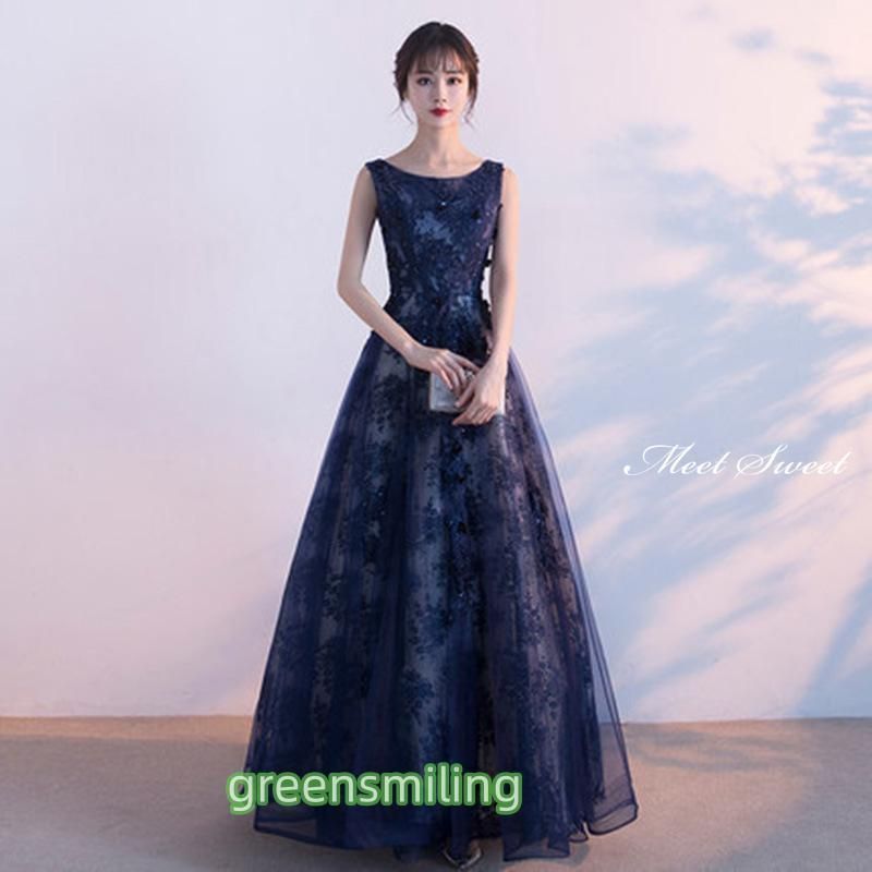 ドレス ロングドレス ネイビー 花柄 ノースリーブ パーティードレス ウェディングドレス ウエディングドレス 結婚式 二次会