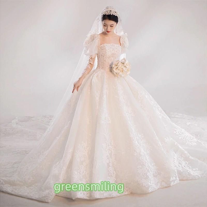 ウェディングドレス 二次会 結婚式 披露宴 ブライダル ロングドレス 長袖 パフスリーブ 花嫁 ウエディングドレス プリンセスライン