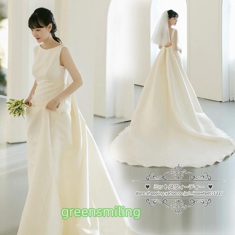ウェディングドレス 二次会 結婚式 オフホワイト サテン Aライン バックレス 背中開き ブライダル ロングドレス 前撮り 挙式 花嫁