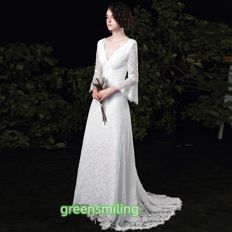 ウェディングドレス 二次会 結婚式 披露宴 ブライダル ロングドレス 花嫁 袖付き レース ウエディングドレス スレンダーライン Vネック