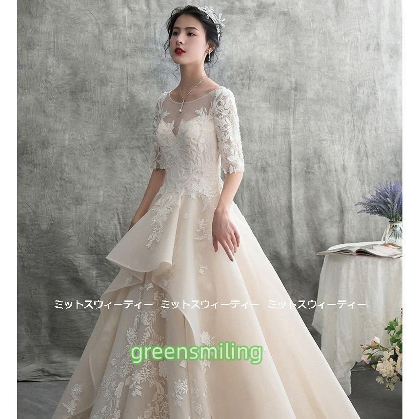 ウェディングドレス 花嫁 二次会 ウエディングドレス 結婚式 ロングドレス Aライン シャンパン 前撮り 披露宴 ブライダル レース MERCADOAVALIA_COM_BR