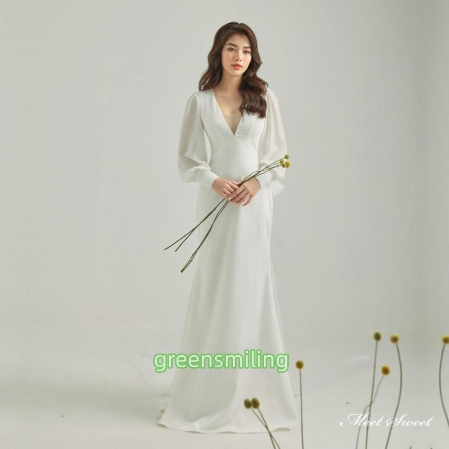 ウェディングドレス ウエディングドレス ロングドレス 二次会 結婚式 前撮り ブライダル 花嫁 ビショップスリーブ サテン 長袖 Vネック