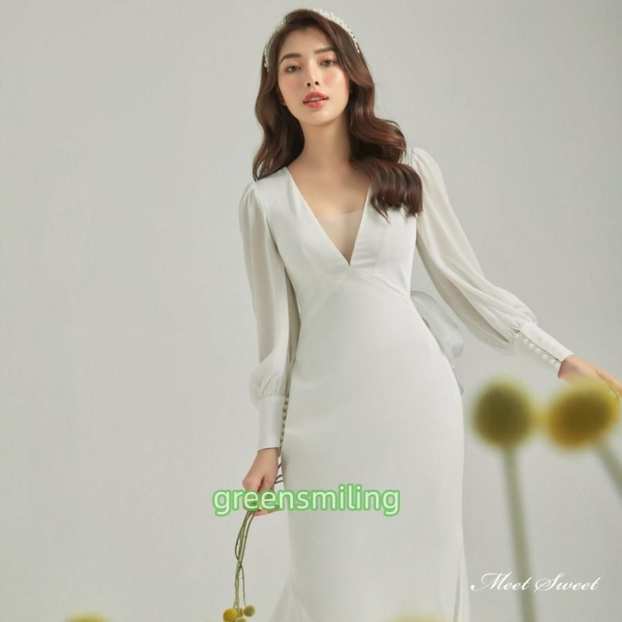 ウェディングドレス ウエディングドレス ロングドレス 二次会 結婚式 前撮り ブライダル 花嫁 ビショップスリーブ サテン 長袖 Vネック