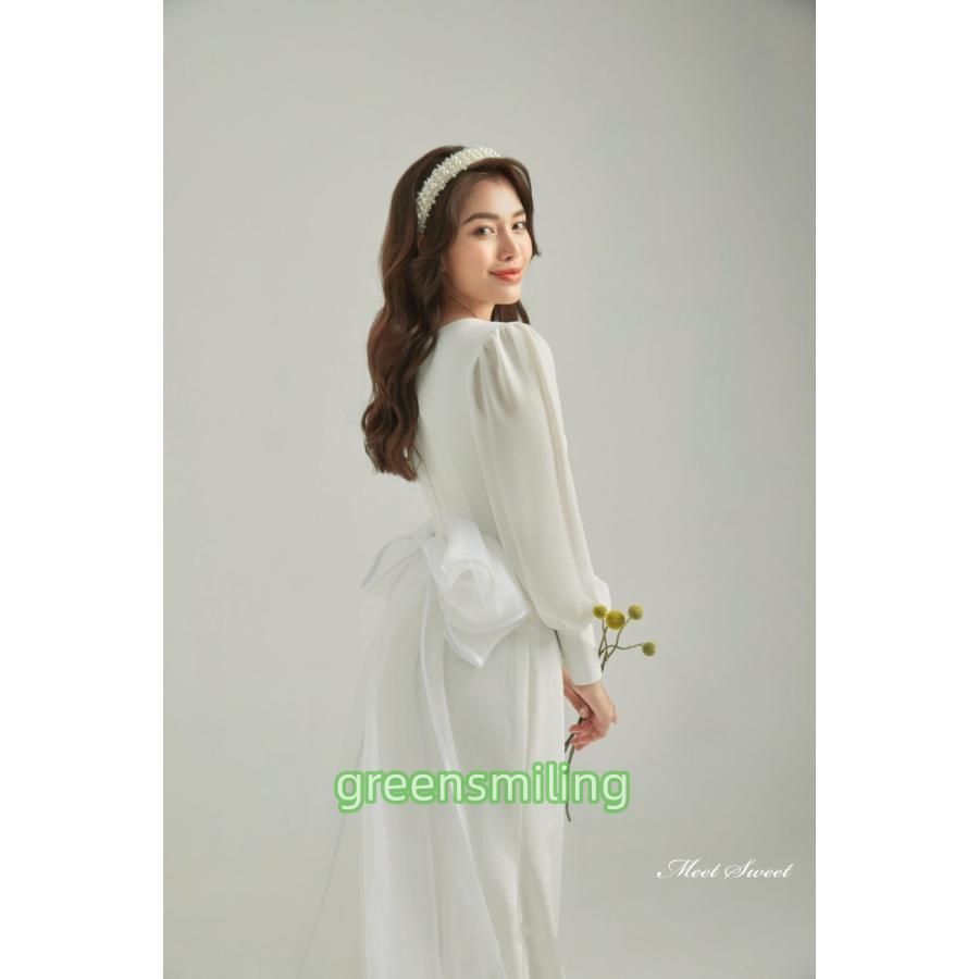 ウェディングドレス ウエディングドレス ロングドレス 二次会 結婚式 前撮り ブライダル 花嫁 ビショップスリーブ サテン 長袖 Vネック MAAHADDERANG_COM