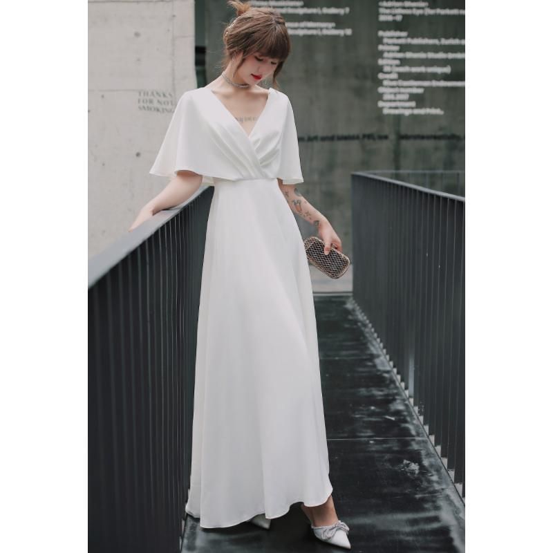 ウェディングドレス ロングドレス スレンダードレス 半袖 サテン バックレス Vネック シンプル 二次会 結婚式 前撮り ブライダル 花嫁