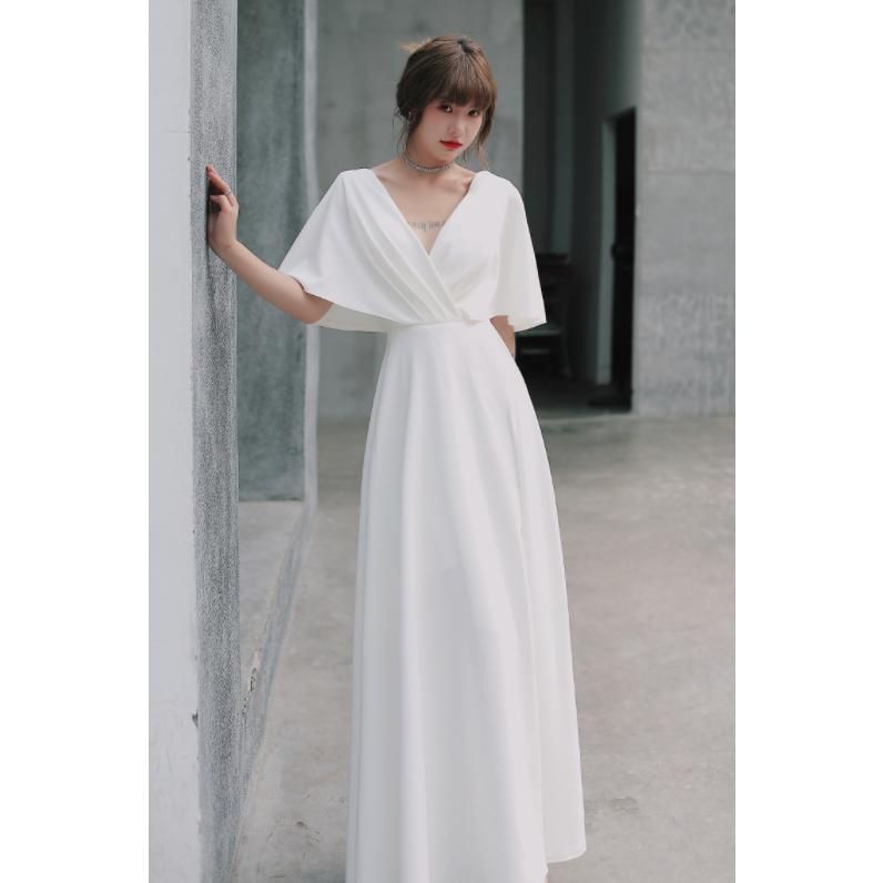 ウェディングドレス ロングドレス スレンダードレス 半袖 サテン バックレス Vネック シンプル 二次会 結婚式 前撮り ブライダル 花嫁 MAAHADDERANG_COM