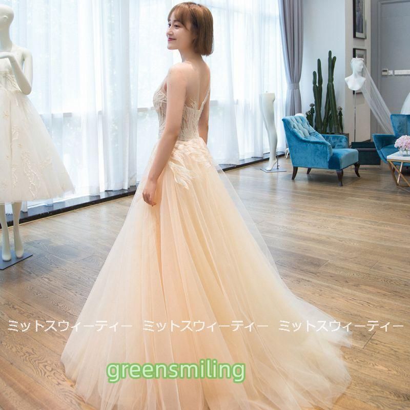 ウェディングドレス 花嫁 二次会 ウエディングドレス 結婚式 ロングドレス Aライン チュール ノースリーブ シャンパン 挙式 披露宴 MAAHADDERANG_COM