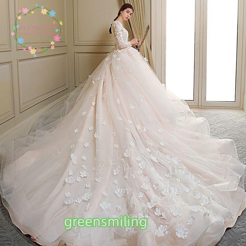 ウェディングドレス 花嫁 二次会 ウエディングドレス 結婚式 ロングドレス プリンセスライン トレーン 挙式 披露宴 ブライダル フラワー