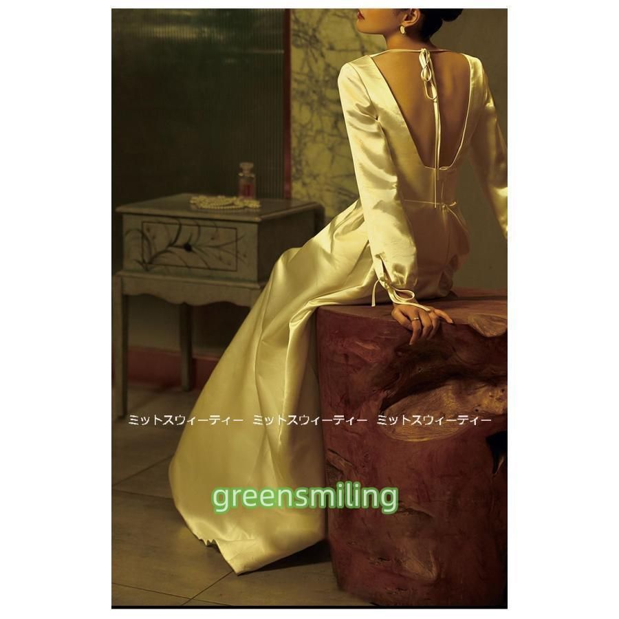 ウェディングドレス ロングドレス 結婚式 ウエディングドレス 長袖 Aラインドレス 二次会 花嫁 前撮り エレガント サテン ホワイト MAAHADDERANG_COM