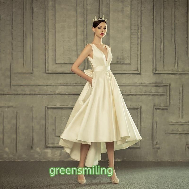 ウェディングドレス 二次会 花嫁 結婚式 披露宴 ミモレ丈ドレス サテンワンピース 前ミニ vネック ブライダル 前撮り バックレス