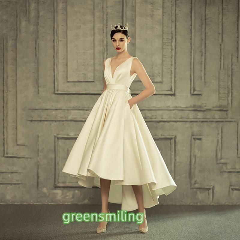 ウェディングドレス 二次会 花嫁 結婚式 披露宴 ミモレ丈ドレス サテンワンピース 前ミニ vネック ブライダル 前撮り バックレス