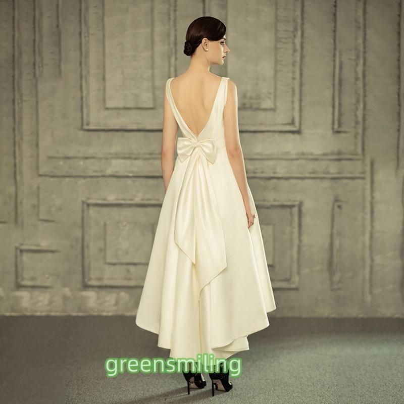  ウェディングドレス 二次会 花嫁 結婚式 披露宴 ミモレ丈ドレス サテンワンピース 前ミニ vネック ブライダル 前撮り バックレス パーティードレス ドレス ブライダル