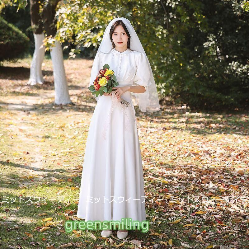 ウェディングドレス 二次会 リゾートドレス 結婚式 ブライダル 前撮り 挙式 花嫁 サテン パーティードレス レトロワンピース