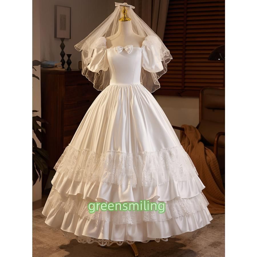 ウェディングドレス ウエディングドレス 二次会 結婚式 パフスリーブ 前撮り ブライダル ロングドレス 花嫁 プリンセスドレス フリル