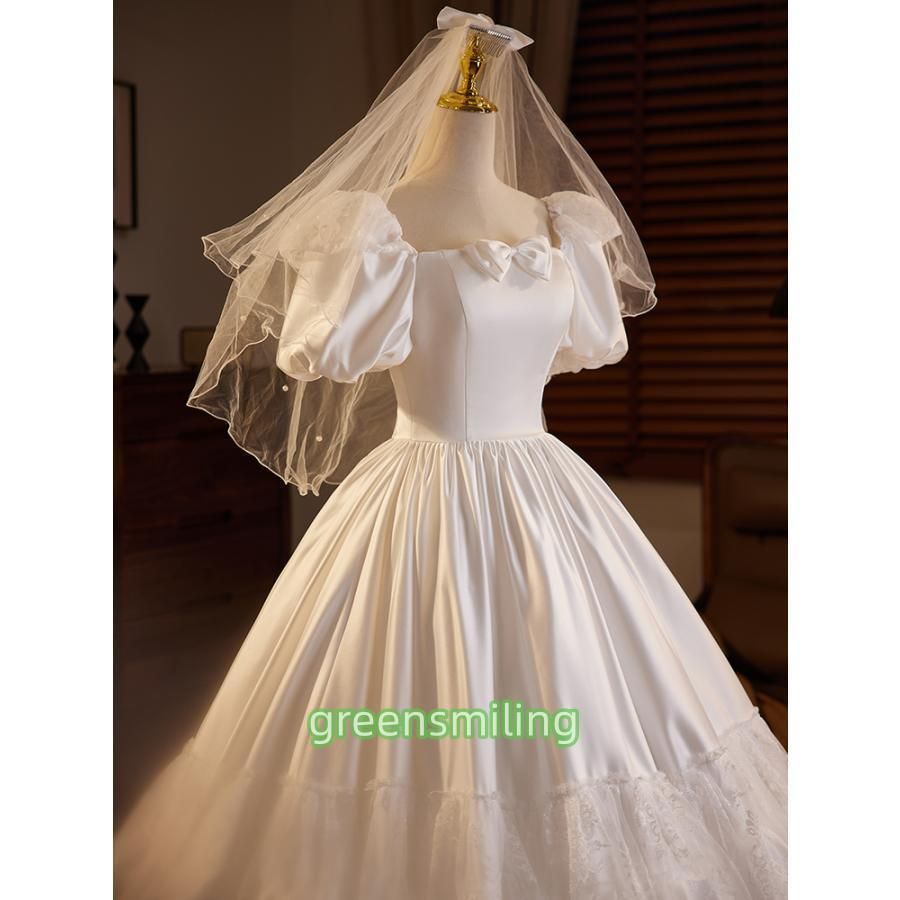 ウェディングドレス ウエディングドレス 二次会 結婚式 パフスリーブ 前撮り ブライダル ロングドレス 花嫁 プリンセスドレス フリル