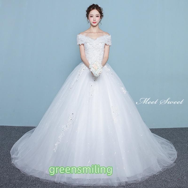 ウェディングドレス ウエディングドレス オフショルダー 二次会 結婚式 前撮り ブライダル ロングドレス 花嫁 プリンセスドレス