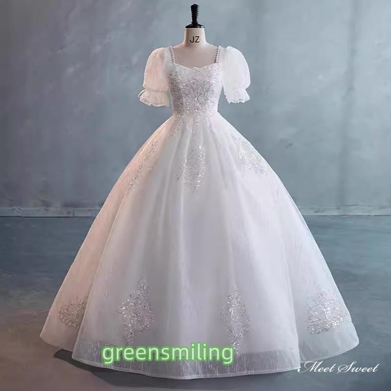 ウェディングドレス ロングドレス プリンセスラインドレス 半袖 パフスリーブ 二次会 結婚式 前撮り 花嫁 ウエディングドレス チュール