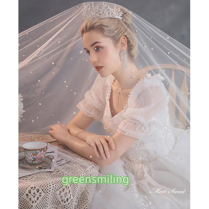 ウェディングドレス ロングドレス プリンセスラインドレス 半袖 パフスリーブ 二次会 結婚式 前撮り 花嫁 ウエディングドレス チュール