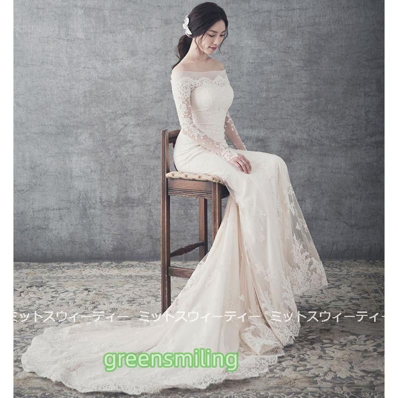 ウェディングドレス 花嫁 二次会 ウエディングドレス 結婚式 ロングドレス マーメイドライン レース 長袖 オフショルダー 挙式 披露宴