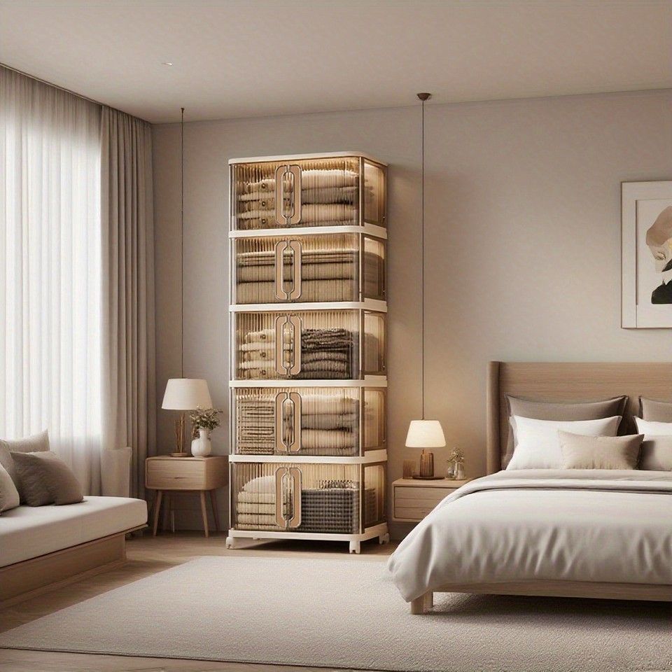 工具不要＆頑丈 大容量 折りたたみ収納キャビネット 4段棚 キャスター付き プラスチック製 組み立て不要 ランドリー収納 クローゼット収納 子供部屋収納 5段