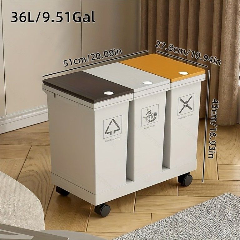 大容量＆分別 ペダル式ゴミ箱 36L 60L プーリー付き 二重構造 乾湿分離 手動開閉 電気不要 キッチン オフィス 家庭用 長方形 ダストボックス ごみ箱 60Lキャスター付 NEXPOTALLINN_EU