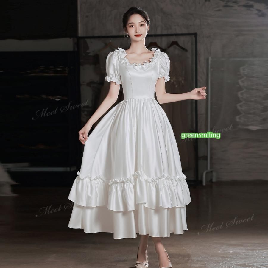 ウェディングドレス フリル 半袖 ホワイト Aライン ロング 二次会 結婚式 披露宴 前撮り 後撮り 発表会 花嫁 ウエディングドレス