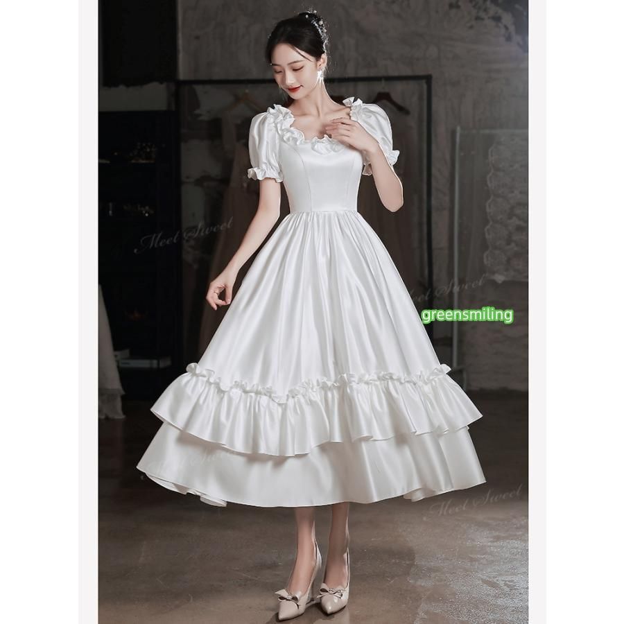 ウェディングドレス フリル 半袖 ホワイト Aライン ロング 二次会 結婚式 披露宴 前撮り 後撮り 発表会 花嫁 ウエディングドレス