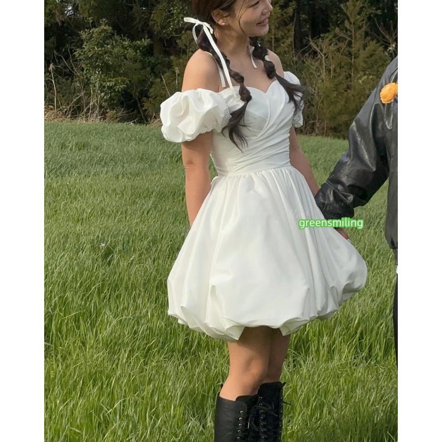 ウェディングドレス ミニ ショート丈 ミニドレス 半袖 バルーン 二次会 結婚式 前撮り 発表会 花嫁 ウエディングドレス