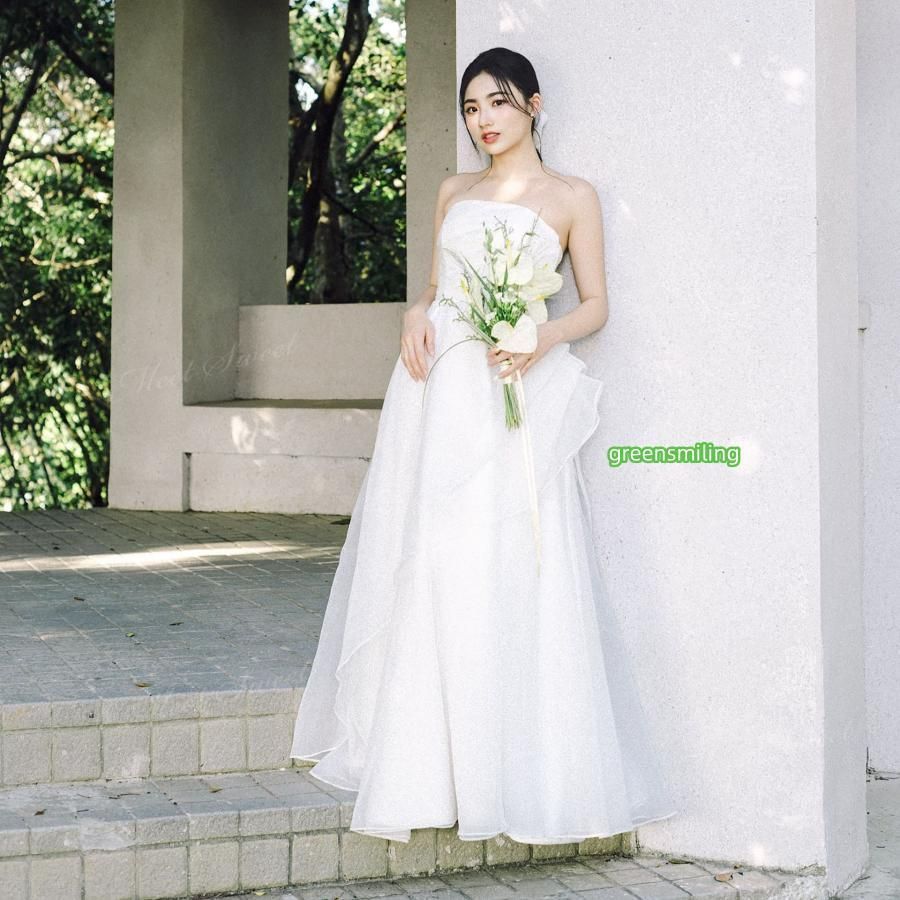 ウェディングドレス ベアトップ ロングドレス Aライン ホワイト 二次会 結婚式 披露宴 前撮り 後撮り 発表会 花嫁 ウエディングドレス