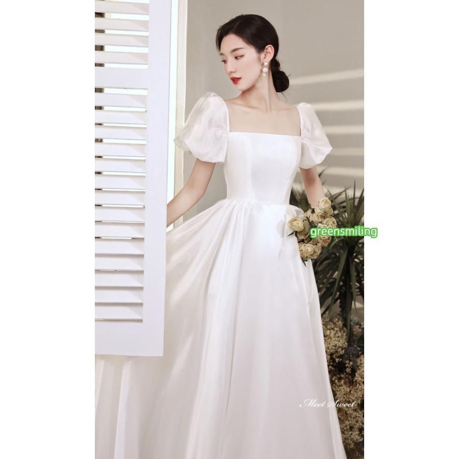 ファイナルセール開催中！ ウェディングドレス ロングドレス Aラインドレス 半袖 二次会 結婚式 前撮り 花嫁 ウエディングドレス サテン フォーマルドレス