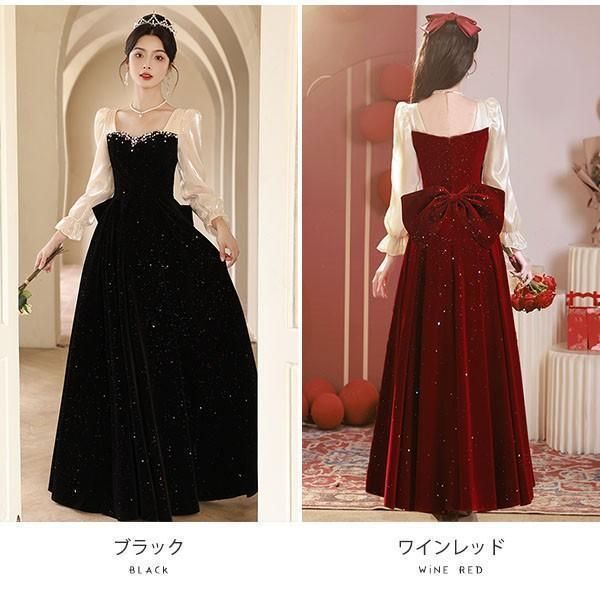 ドレス 大人 大きいサイズ 長袖 演奏会 結婚式 母親 ロング 黒 披露宴 レディース ピアノ発表会 イブニングドレス パーティードレス