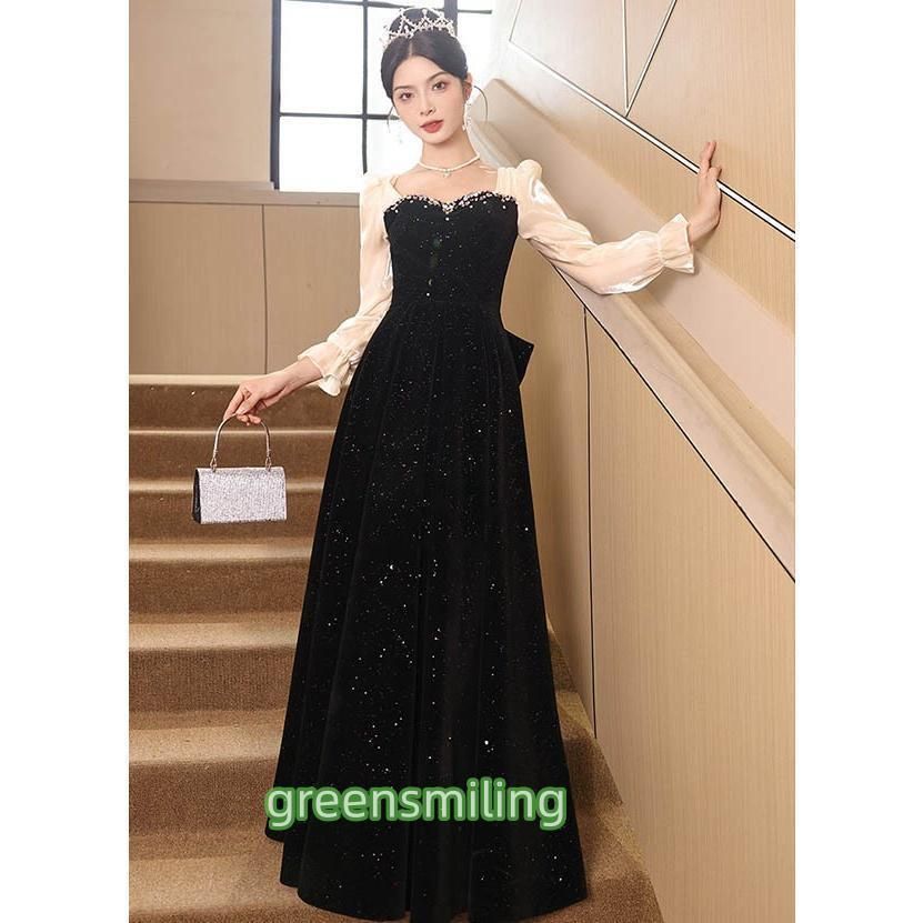 ドレス 大人 大きいサイズ 長袖 演奏会 結婚式 母親 ロング 黒 披露宴 レディース ピアノ発表会 イブニングドレス パーティードレス MAAHADDERANG_COM