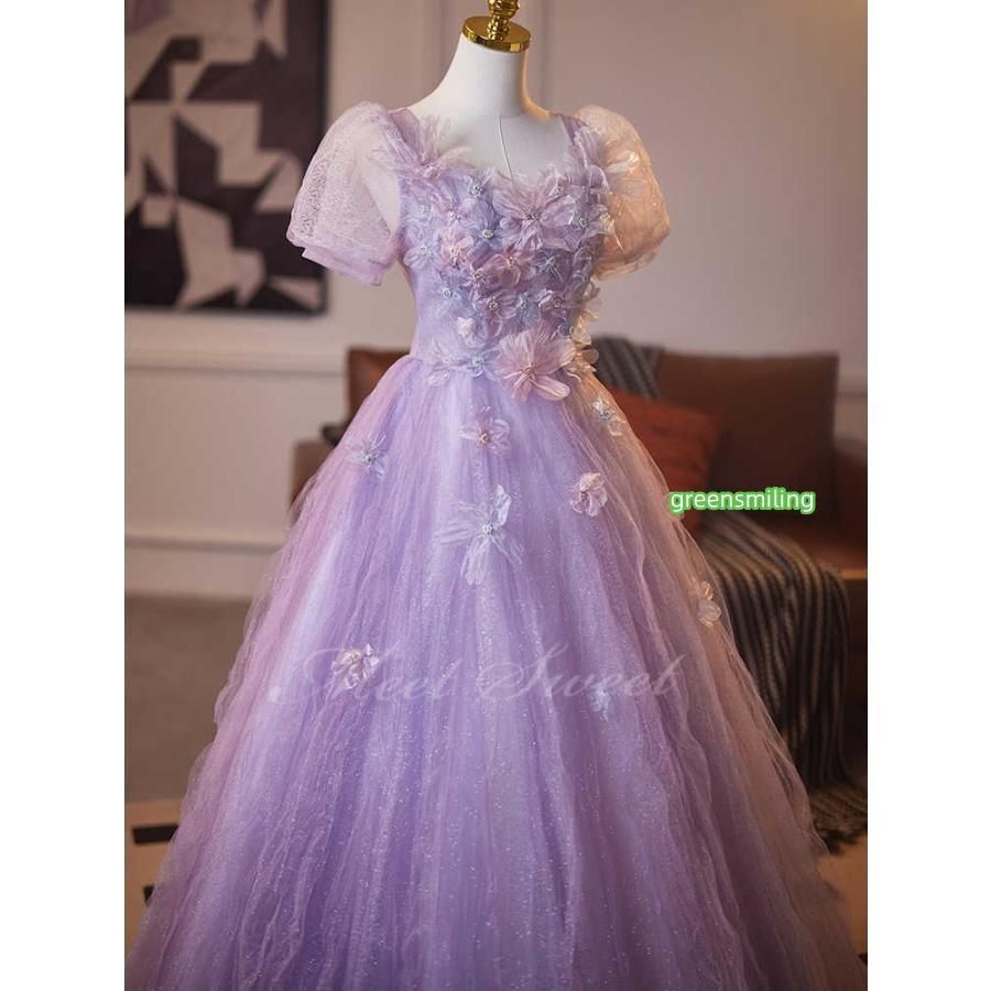 ドレス パープル パフスリーブ 演奏会 発表会 二次会 花嫁 ウエディングドレス ウェディングドレス ロングドレス Aラインドレス