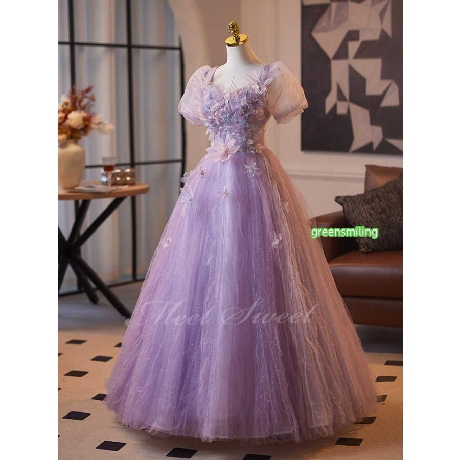 ドレス パープル パフスリーブ 演奏会 発表会 二次会 花嫁 ウエディングドレス ウェディングドレス ロングドレス Aラインドレス MAAHADDERANG_COM