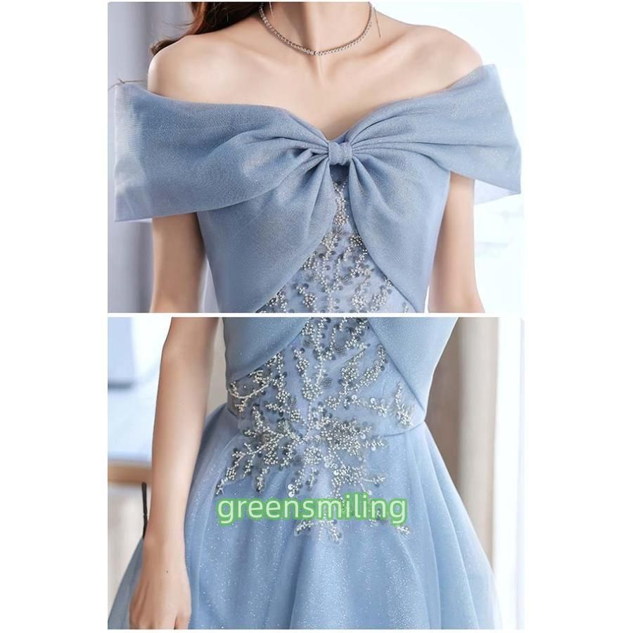 ロングドレス ミモレ丈ドレス ビッグリボン オフショルダー ピアノ 発表会 黒 水色 パーティードレス ワンピース 袖付き 半袖 結婚式 パーティードレス ドレス ブライダル スーツ フォーマル ドレス