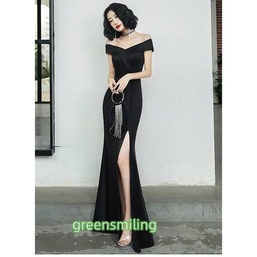 ロングドレス オフショルダーマーメイドラインパーティードレススリット入りイブニングドレス