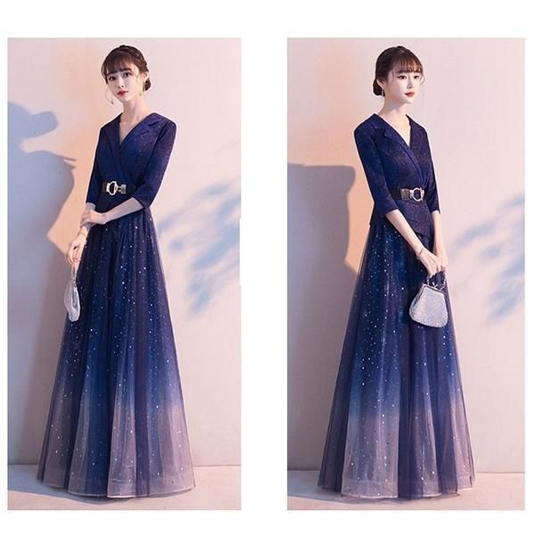 パーティードレス ミモレ丈ドレス 結婚式 ロングドレス 袖あり 長袖 キラキラ 襟付き ジャケット風 ワンピース ドレス ベルト付き