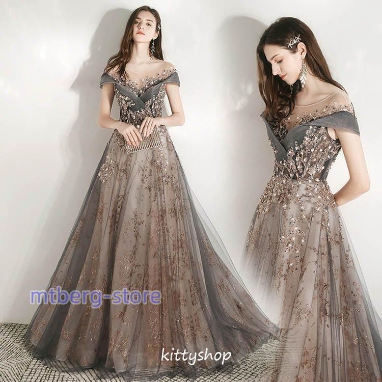パーティードレス グレー ドレス イブニングドレス ロング丈 半袖 マキシ丈 40代 二次会 お呼ばれドレス 20代 30代 チュール ドレス