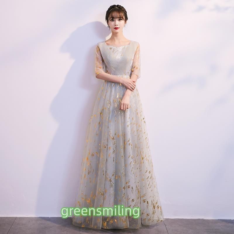 パーティードレス ロングドレス 演奏袖あり ドレス ラウンドネック成人式 同窓カラオケドレス大人 ピアノ 発表Aライン