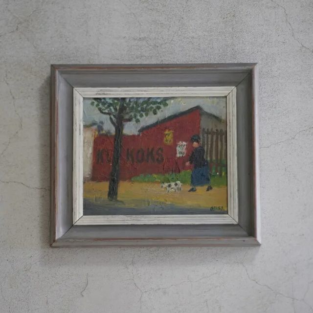 OTTO DELEURAN オットー デルーラン Woman Walking Her Dog Oil painting 油絵 北欧 デンマーク ミッドセンチュリー MDC