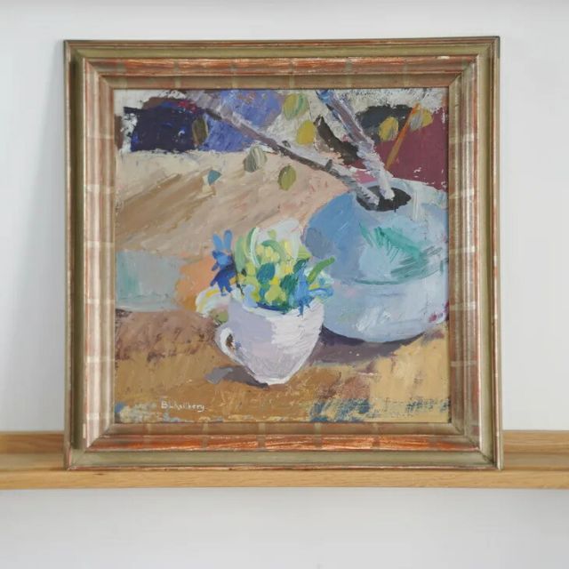 Unknown 作者不詳 Teacup and Silver Birch Oil painting 油絵 北欧 スウェーデン ミッドセンチュリー MDC