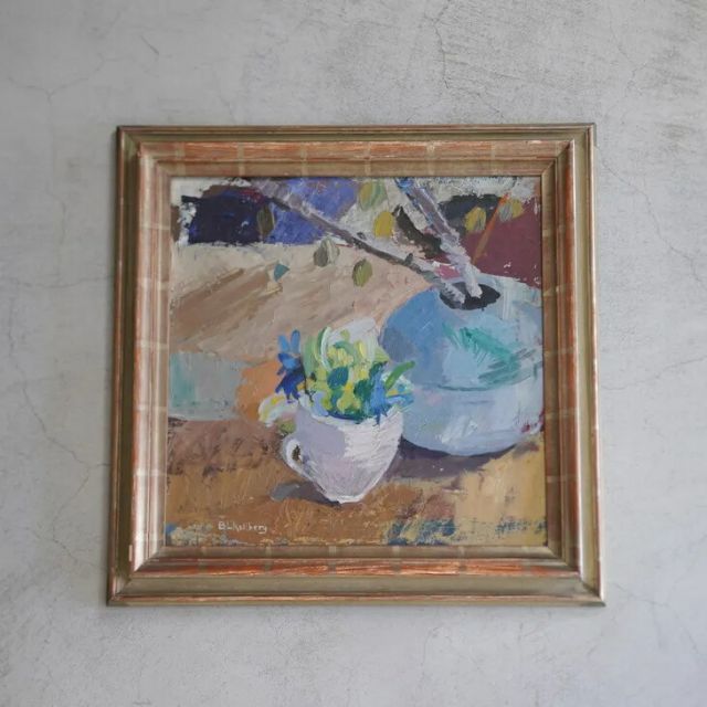 Unknown 作者不詳 Teacup and Silver Birch Oil painting 油絵 北欧 スウェーデン ミッドセンチュリー MDC