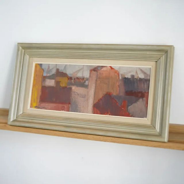 Unknown 作者不詳 Cityscape Oil painting 油絵 北欧 スウェーデン ミッドセンチュリー MDC